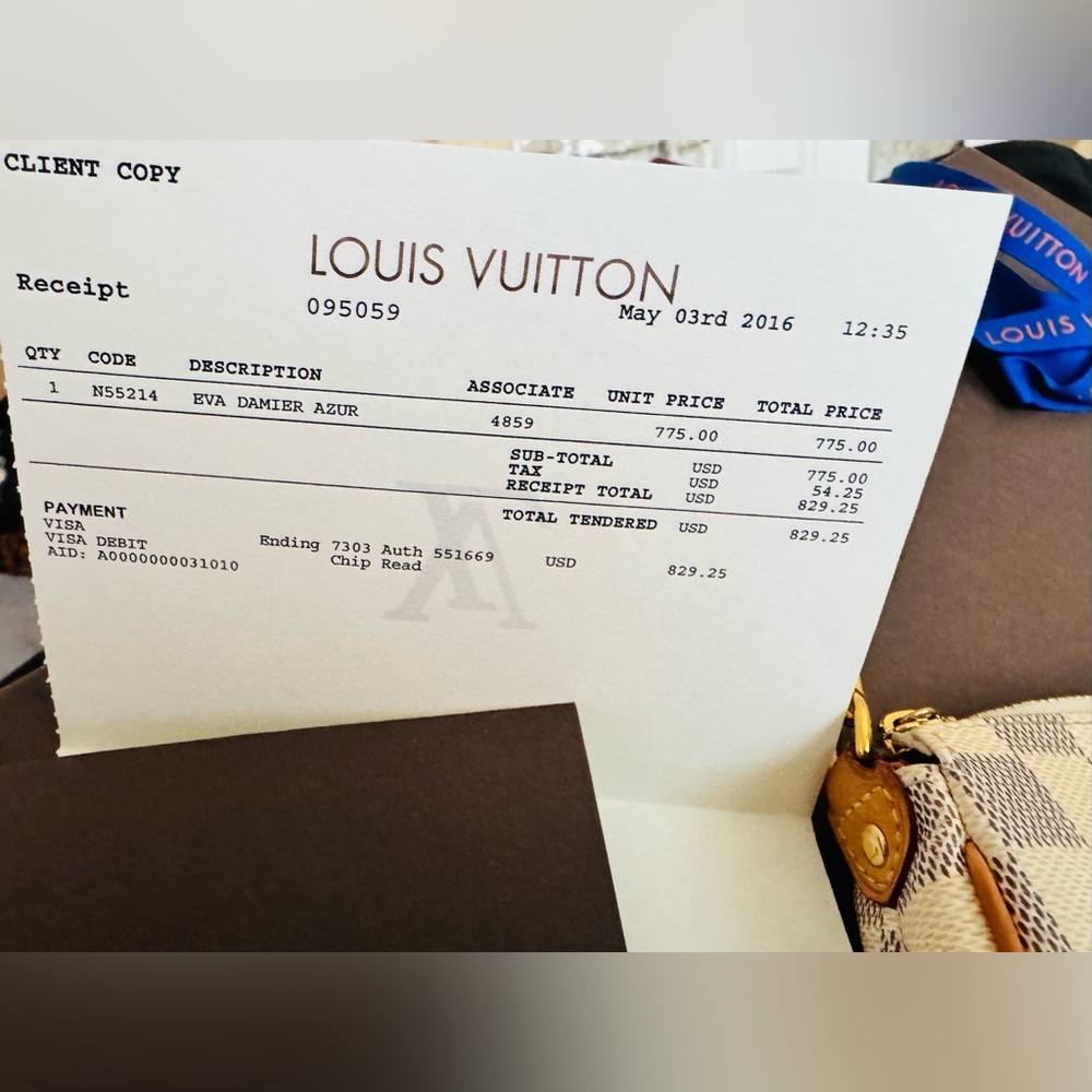 Discontinued Louis Vuitton Damier Azur Eva Gold Accents Dustbag Gift Box/Receipt - Picture 2 of 16